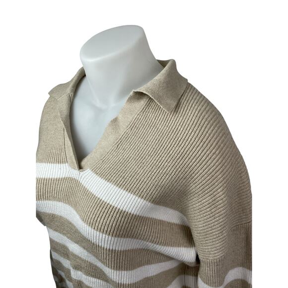 Marled Women's Beige White Striped Collared Long Sleeve Crop Polo Sweater Top XL - Picture 3 of 6